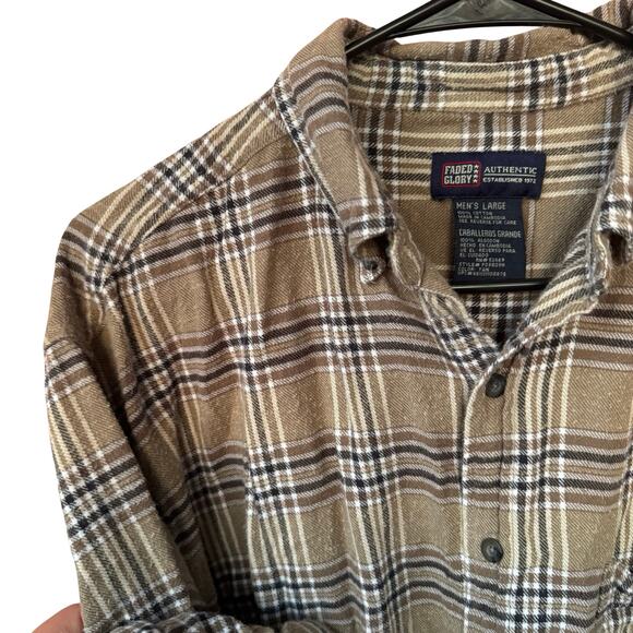 Vintage Faded Glory Flannel Shirt Mens L Brown Plaid High Low Hem Y2K Grunge - Picture 1 of 11